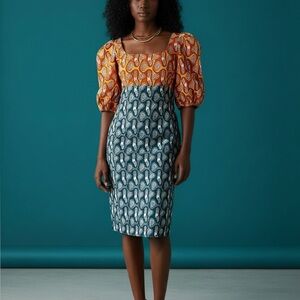 Ankara Print African Puff Sleeve Geo Sheath Dress Sz S Midi Wiggle Handmade New